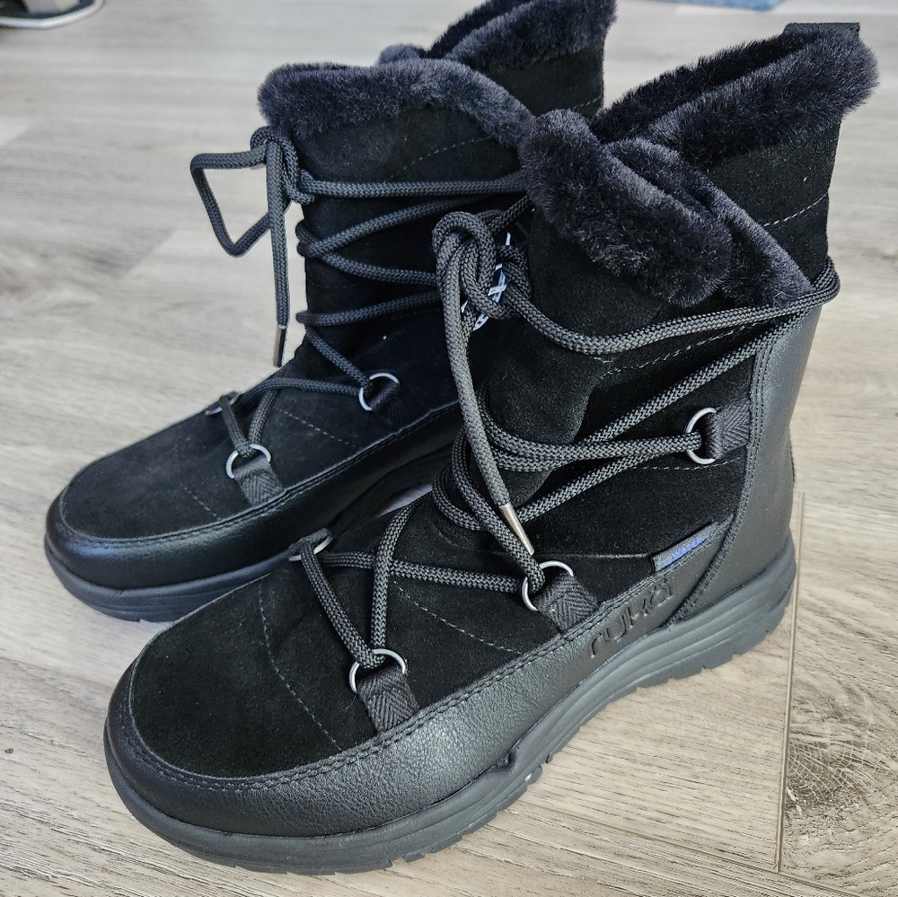 Ryka Alpine Black Winter Boots Womens 8.5w Wide Faux Fur Leather Lace Up Ankle